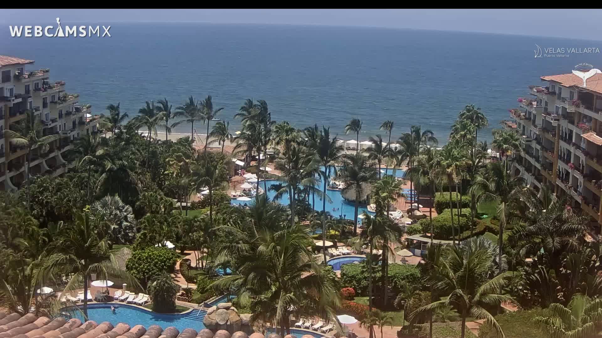 An aerial view shows a resort with multiple pools surrounded by lush tropical landscaping and palm trees, overlooking a calm ocean under a sunny sky.