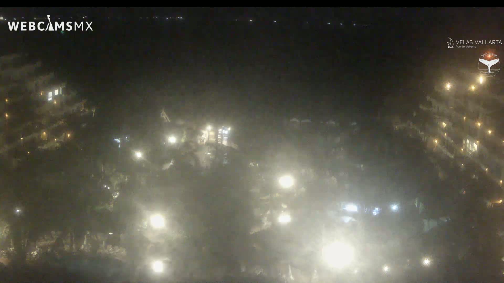 A hazy night scene shows a collection of buildings with lights illuminated, surrounded by trees and vegetation.