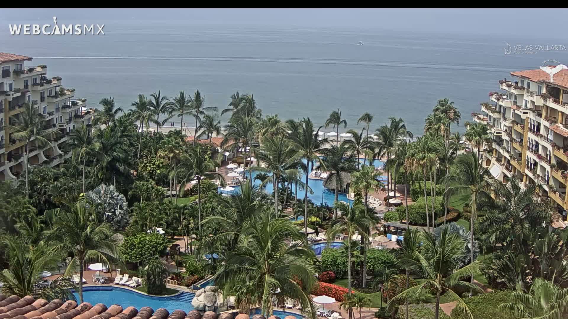 An aerial view shows a tropical resort with multiple swimming pools nestled among lush palm trees and beachfront buildings, overlooking a calm ocean under a clear sky.
