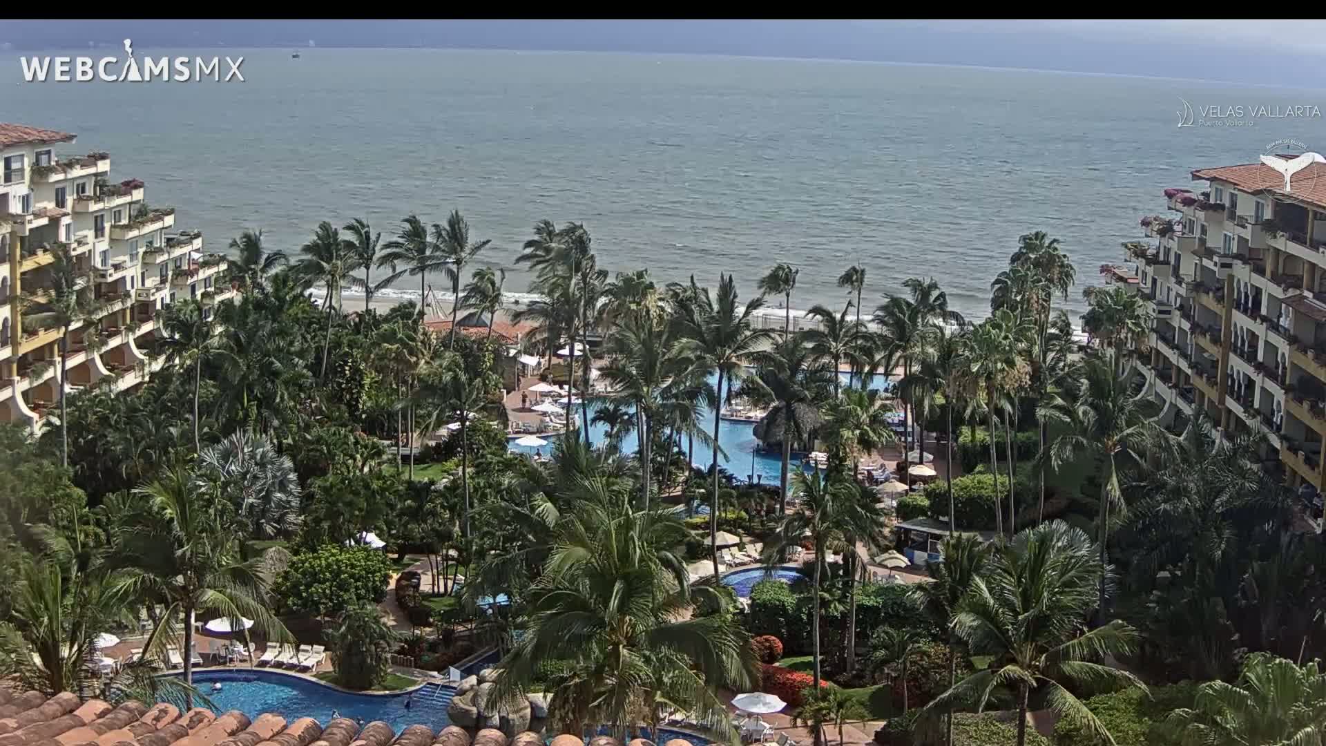 A resort with multiple pools is nestled among palm trees near a beach with a somewhat overcast sky and a calm ocean.