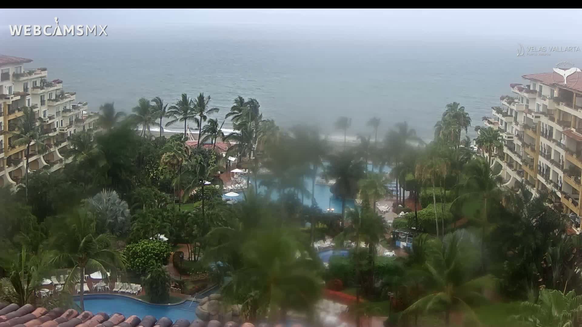 An aerial view shows a tropical resort with multiple pools surrounded by palm trees and buildings, overlooking a calm ocean under a partly cloudy sky.