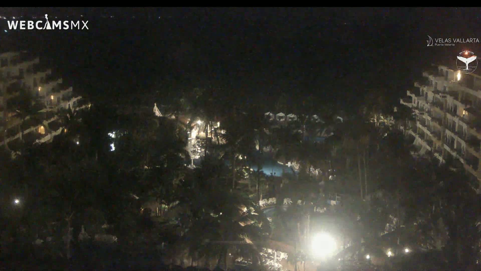 A nighttime aerial view of a resort complex with pools and buildings surrounded by lush, dark foliage under a clear sky.