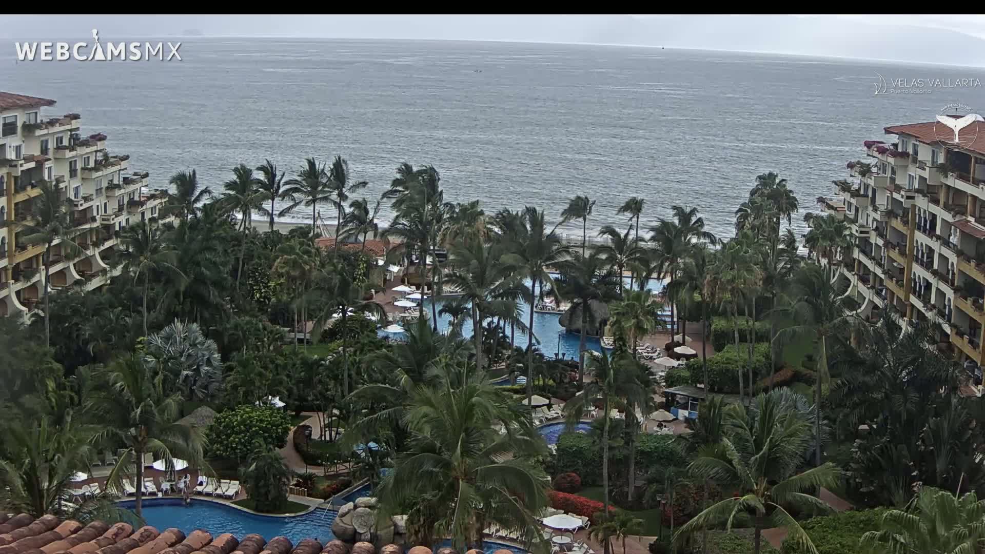 An overcast day reveals a tropical resort with multiple pools surrounded by lush palm trees and multi-story buildings overlooking a calm ocean.