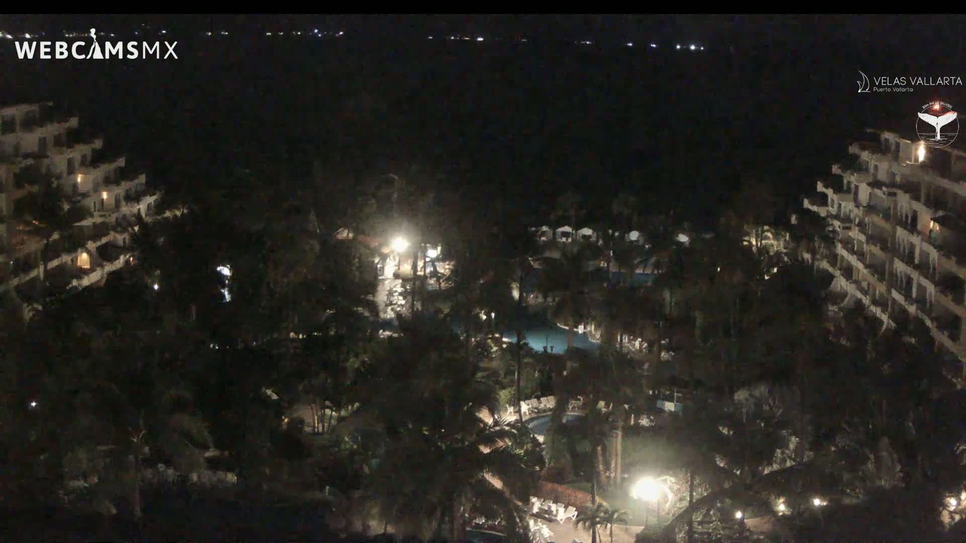 A nighttime aerial view shows a resort with pools and palm trees, under a clear, dark sky.