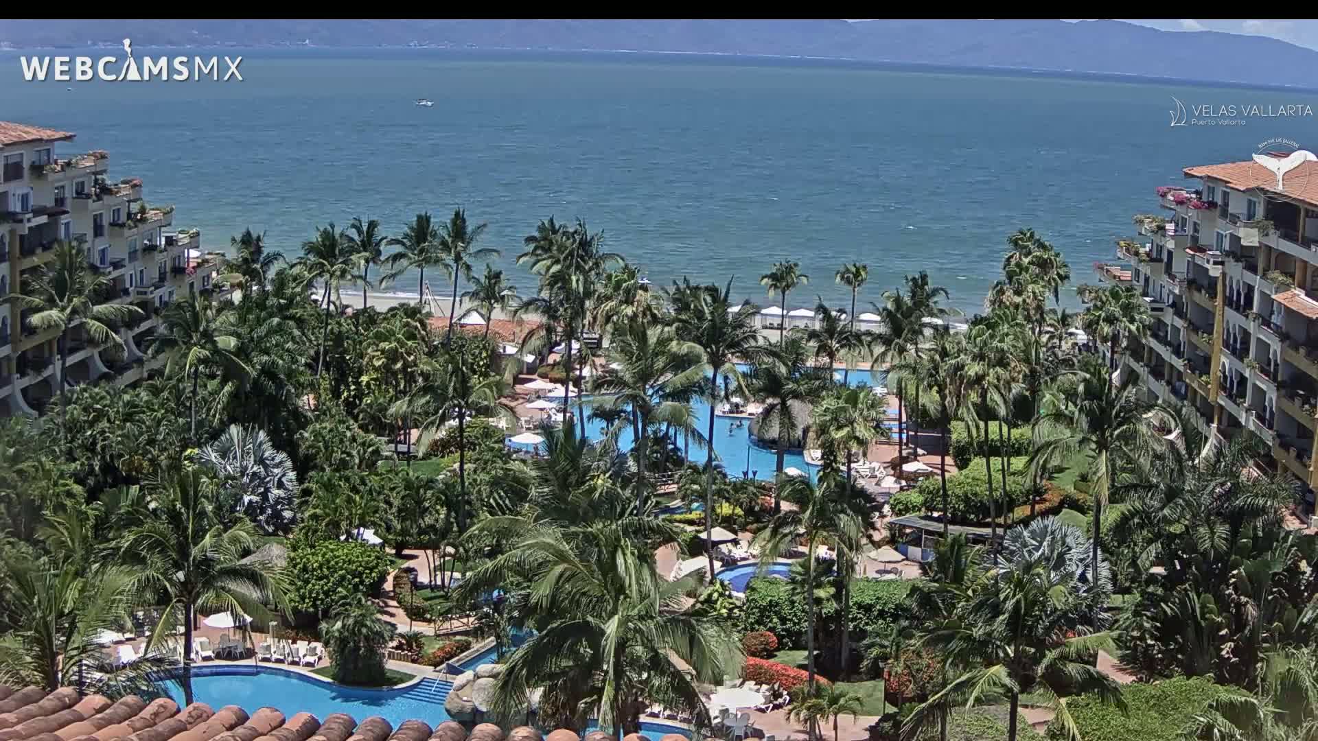 A resort with multiple pools is nestled among lush tropical vegetation overlooking a calm ocean on a sunny day.