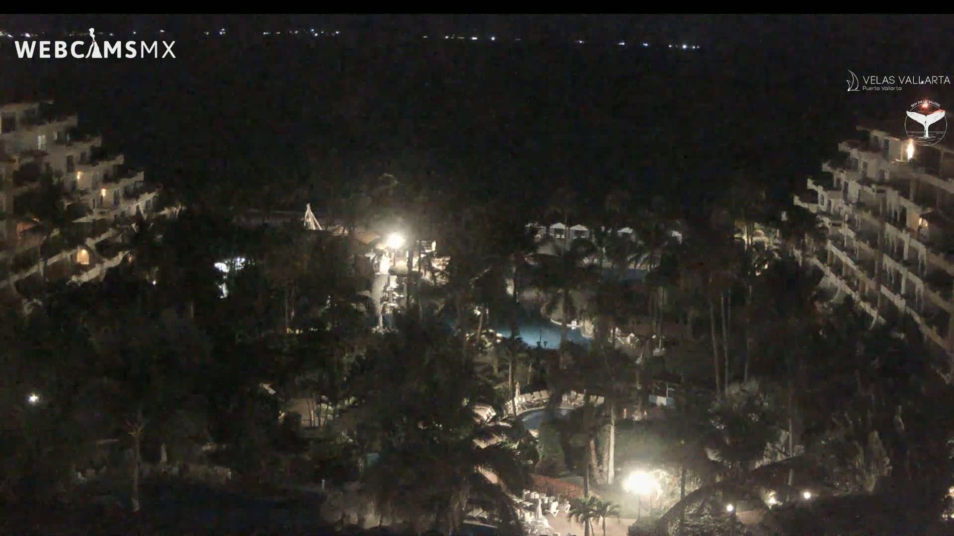 A nighttime aerial view of a resort complex with pools and palm trees, overlooking a dark body of water under a clear sky.