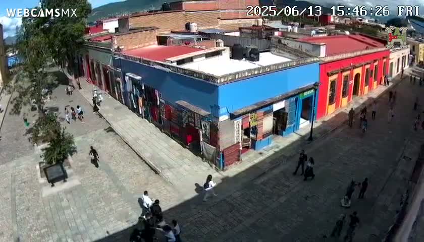 A sunny, cobblestone street scene shows pedestrians walking past colorful buildings, some of which display merchandise outside.