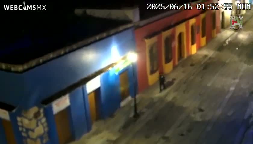 A high-angle nighttime view shows a person standing on a street next to brightly colored buildings under streetlights.