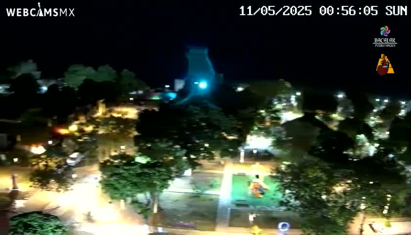 An aerial nighttime view shows a park with playground equipment and illuminated streets and buildings surrounded by trees.