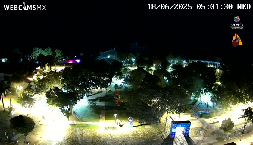 A nighttime aerial view of a park with illuminated pathways and trees under a clear, dark sky.