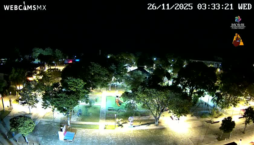 The image captures an illuminated park or town square at night, featuring numerous trees, paved walkways, and a visible playground, all under a clear dark sky.