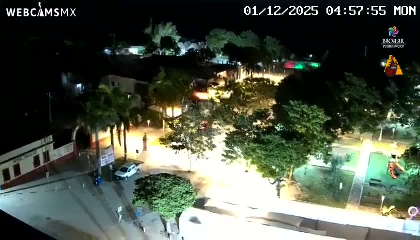 A nighttime aerial view reveals a brightly lit town square or park area, featuring numerous trees, buildings, a parked white truck, and a playground, all under a clear night sky.