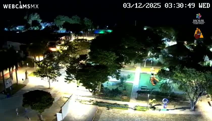 A clear night illuminates an outdoor town square or park with trees, pathways, a playground, and distant buildings under artificial lighting.