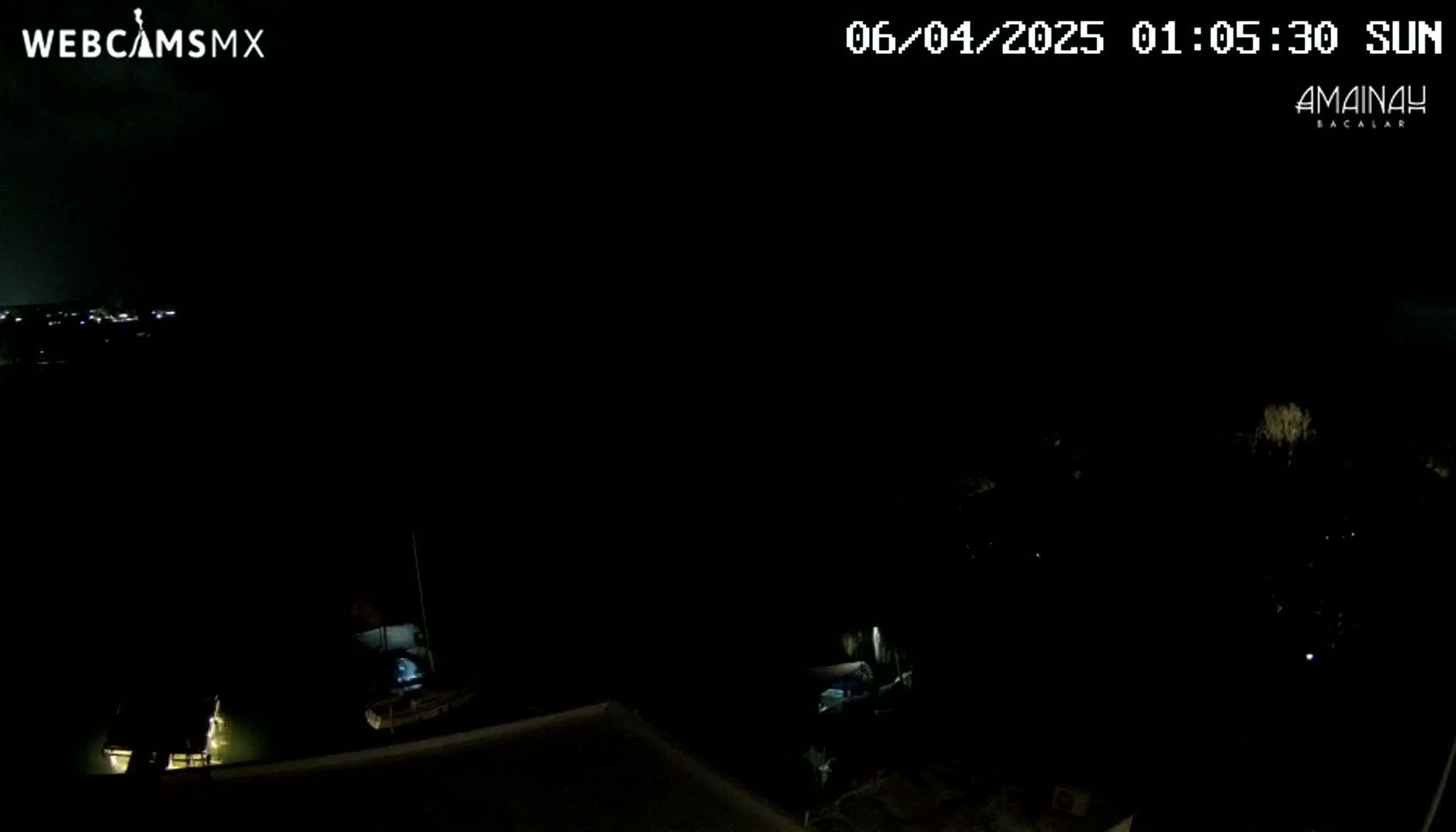 A nighttime view of a dark body of water with a few faintly lit boats and some dimly lit structures on the shore under a clear, dark sky.
