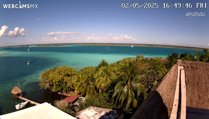 A partly sunny view of a turquoise body of water with sailboats, tropical vegetation, and a thatched roof from an elevated position.