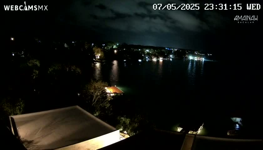 A nighttime view of a calm body of water with dimly lit buildings and trees along the shoreline under a partly cloudy sky.