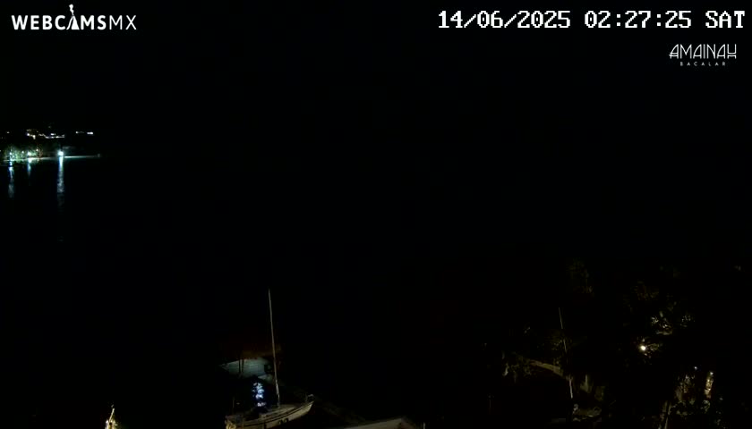 A nighttime view of a dark body of water with a few lights visible on the opposite shore and a boat docked in the foreground under a clear sky.