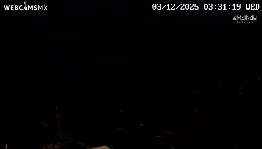 A very dark outdoor night scene reveals a few faint distant lights scattered across the horizon and a partially visible structure in the foreground, under clear skies.