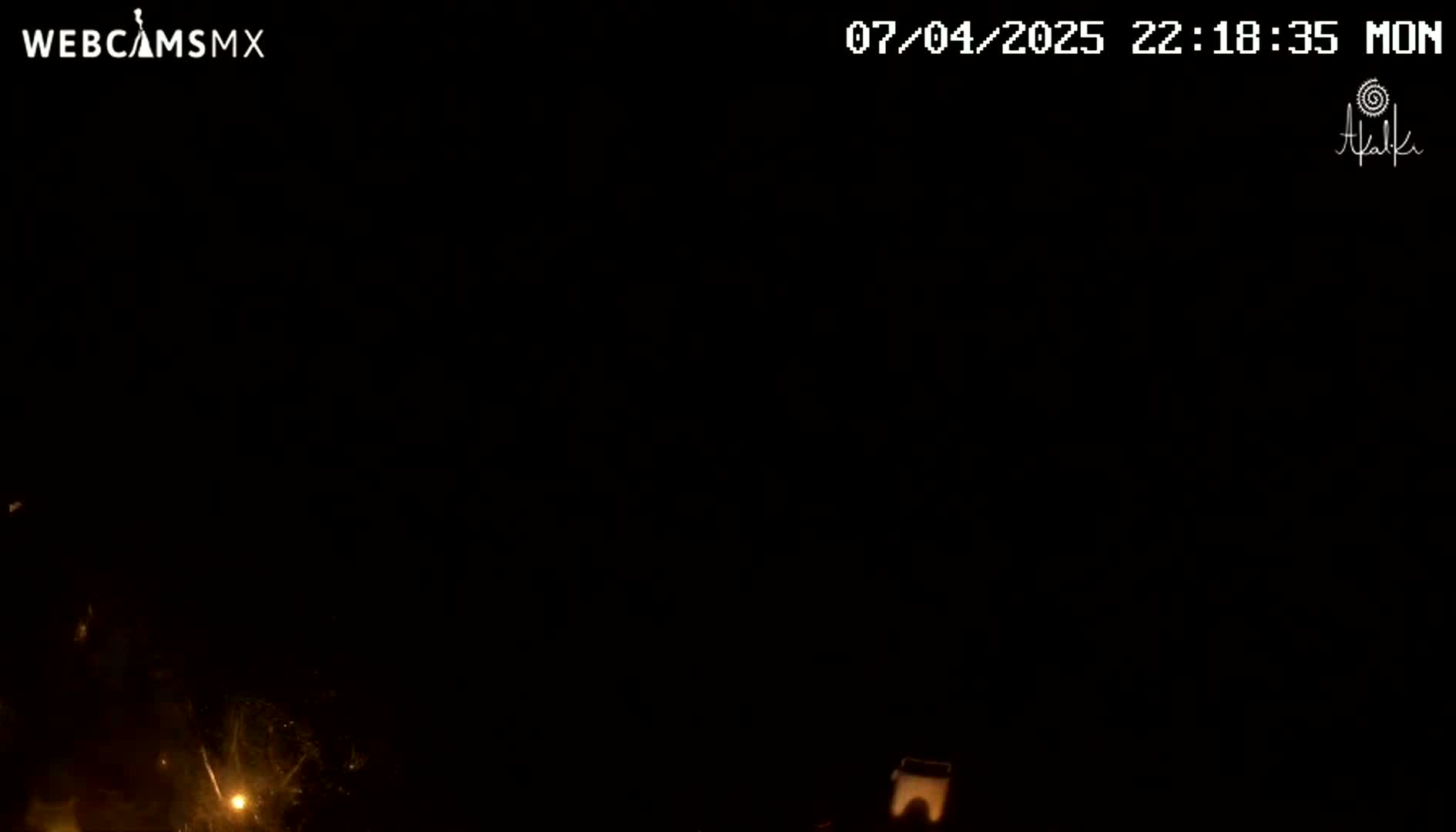 A nighttime outdoor scene shows faint fireworks in the dark sky, with a small illuminated object visible in the bottom right corner.