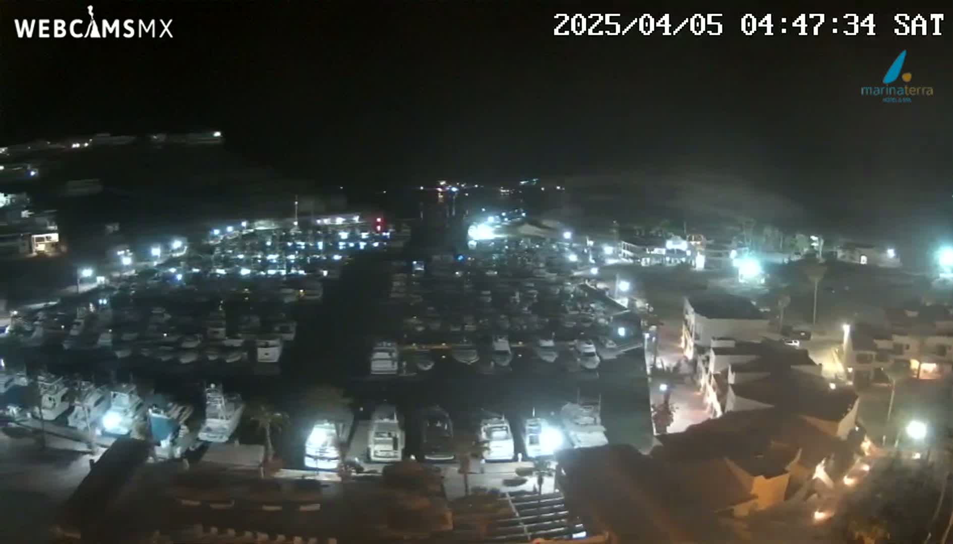 A nighttime aerial view of a marina filled with many boats, illuminated by lights, and surrounded by buildings under a dark, clear sky.