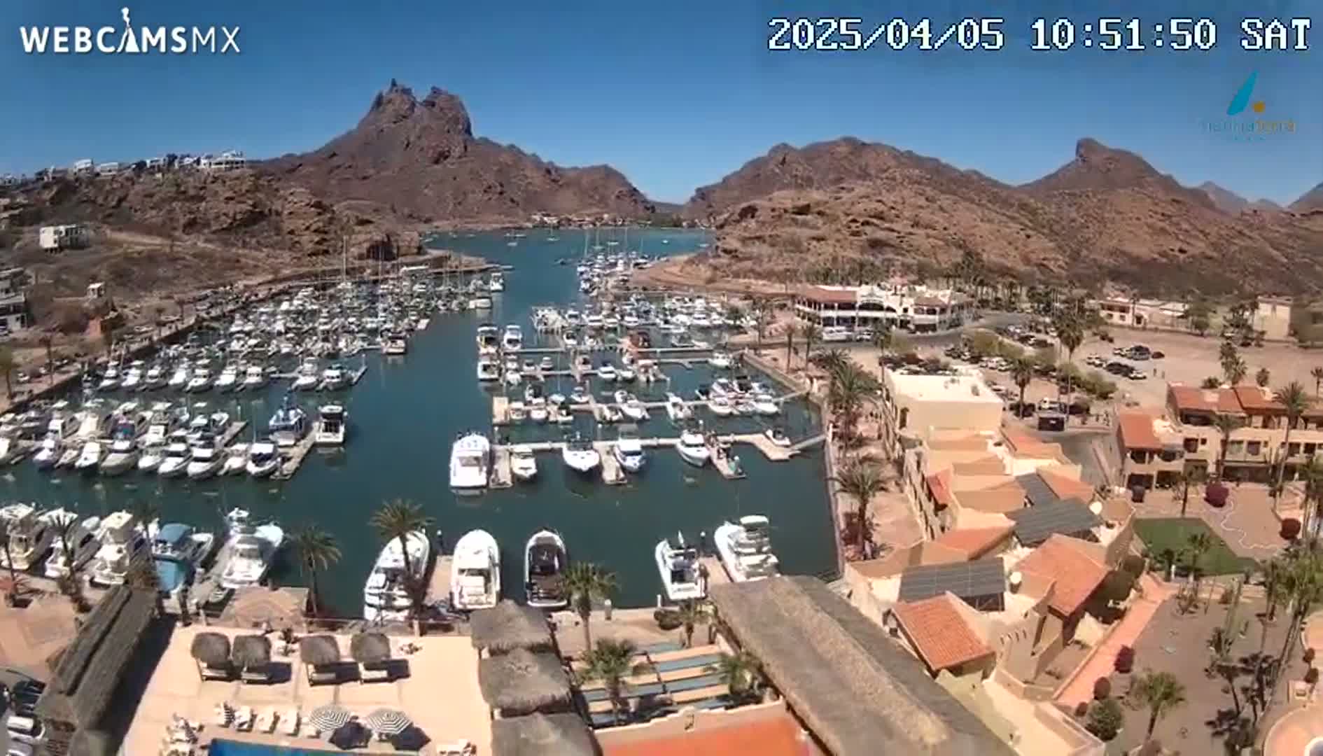 A marina filled with numerous boats is situated in a calm bay, nestled between arid, rocky hills under a clear, sunny sky.