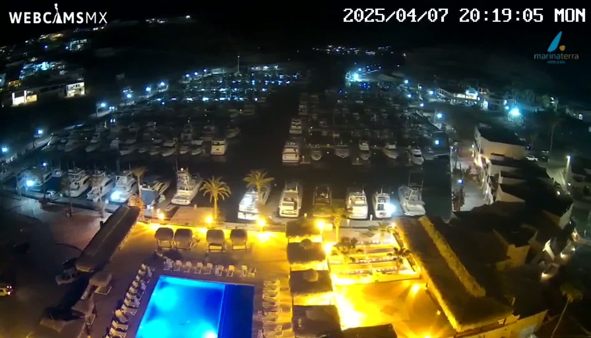 A nighttime aerial view shows a marina filled with boats, a poolside area with lounge chairs surrounding a lit swimming pool, and buildings illuminated under a clear night sky.