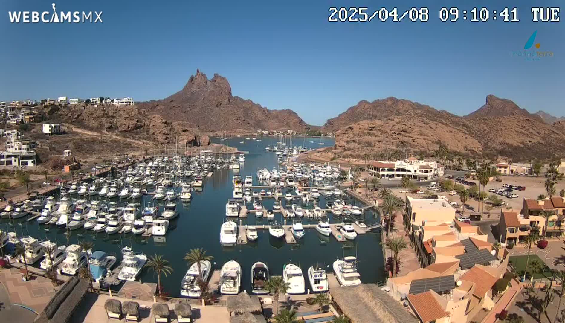 A large marina filled with numerous boats is nestled between arid, rocky hills under a clear, sunny sky.