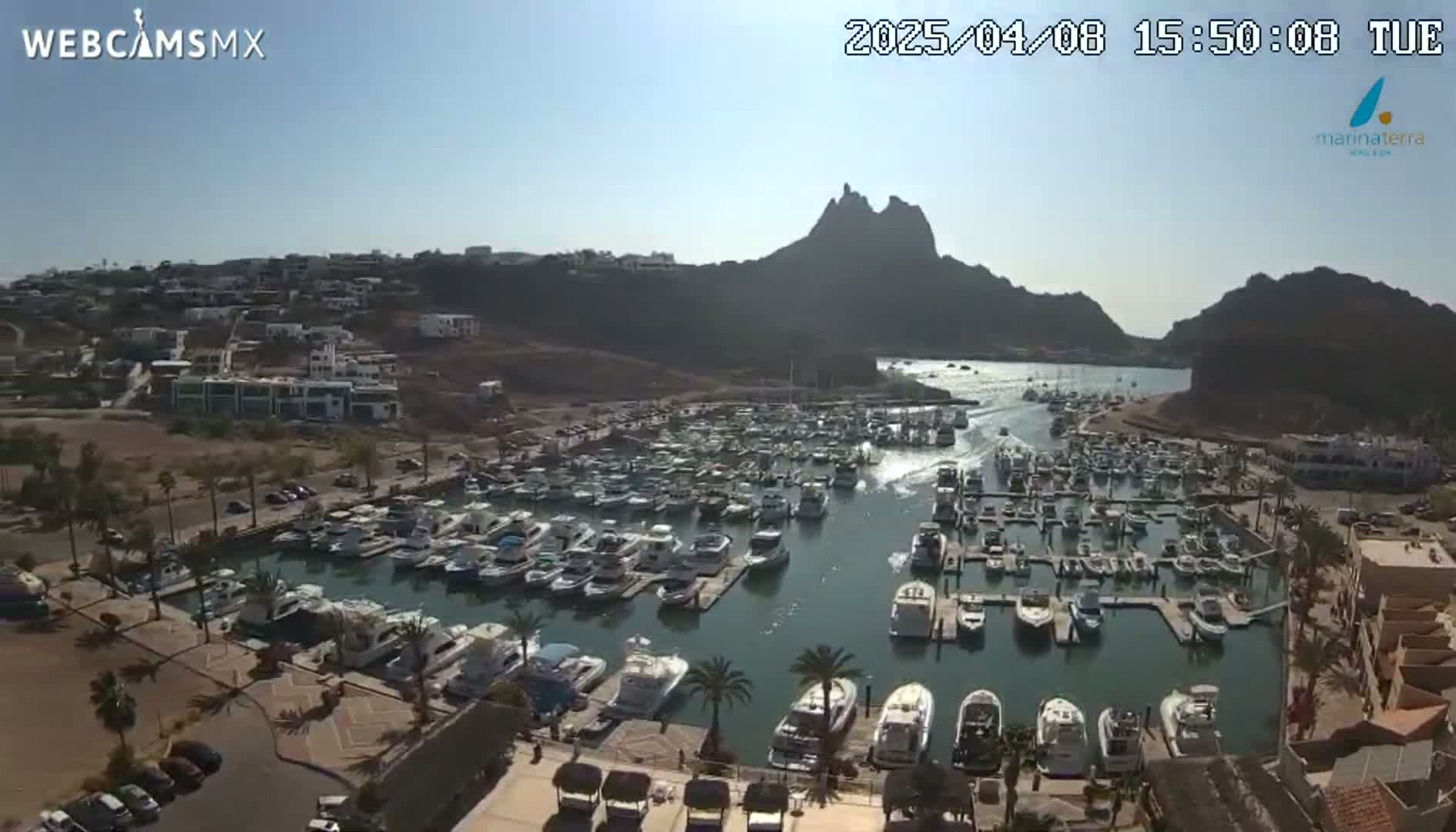 A marina filled with numerous boats is situated in a calm bay, nestled between arid hills under a clear, sunny sky.