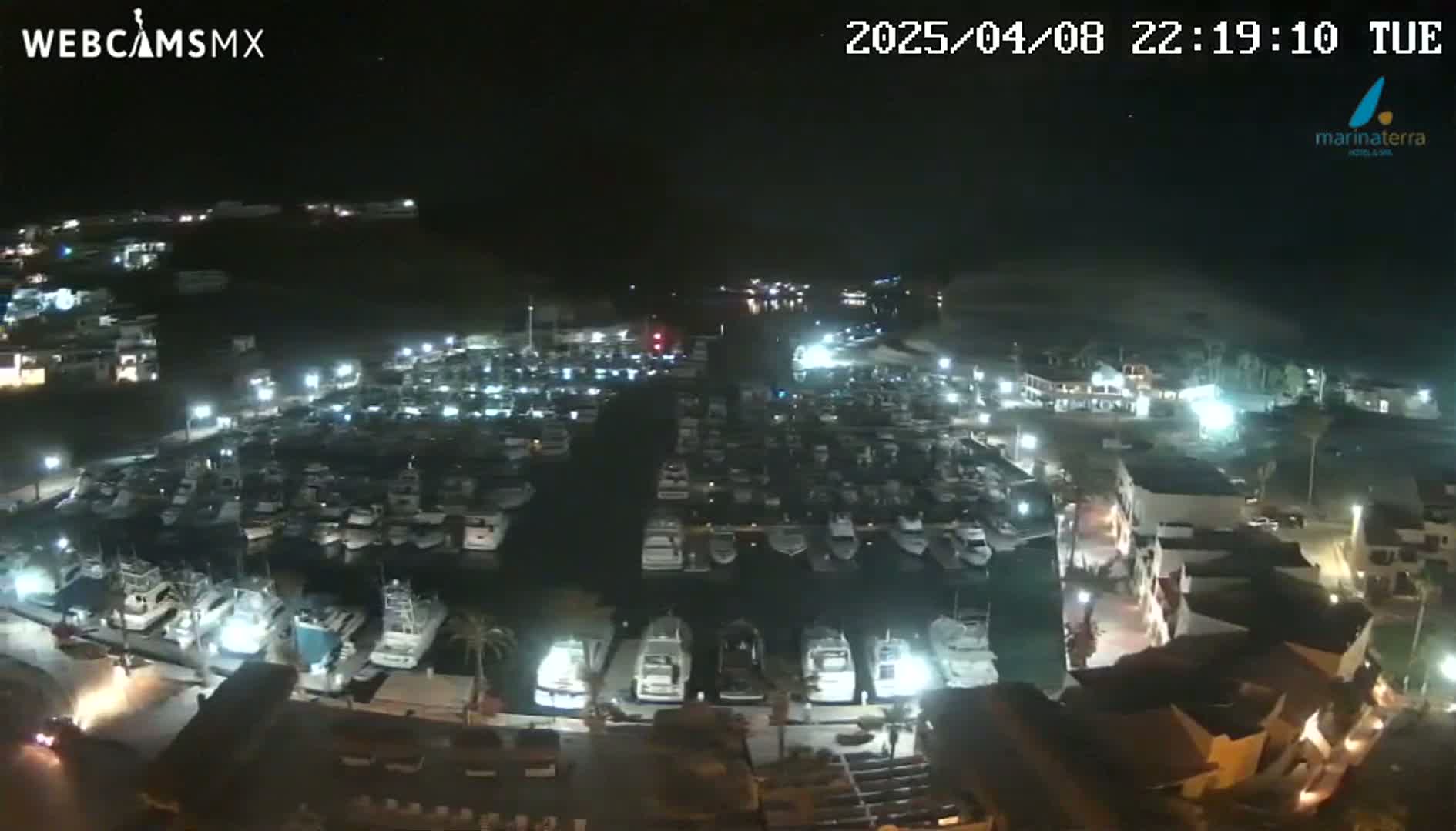 A nighttime aerial view shows a marina filled with numerous boats and surrounded by buildings under a clear, dark sky.