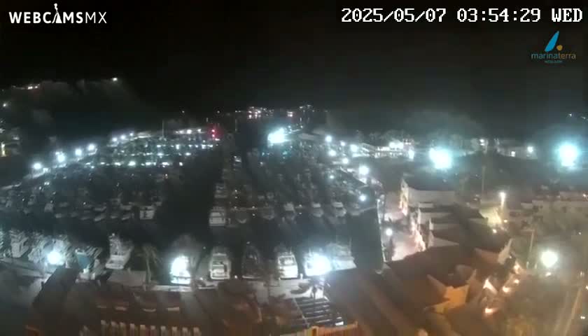 A nighttime, aerial view of a marina filled with numerous boats illuminated by artificial lights.