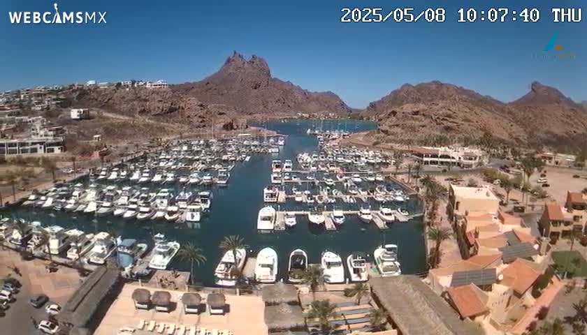 A sunny day overlooking a marina filled with numerous boats, nestled between arid, rocky hills.