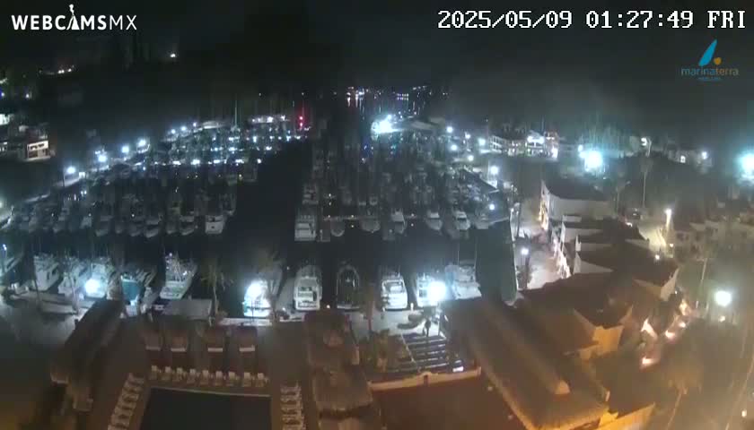 A nighttime aerial view shows a marina filled with numerous boats, illuminated by lights, adjacent to buildings and streets.