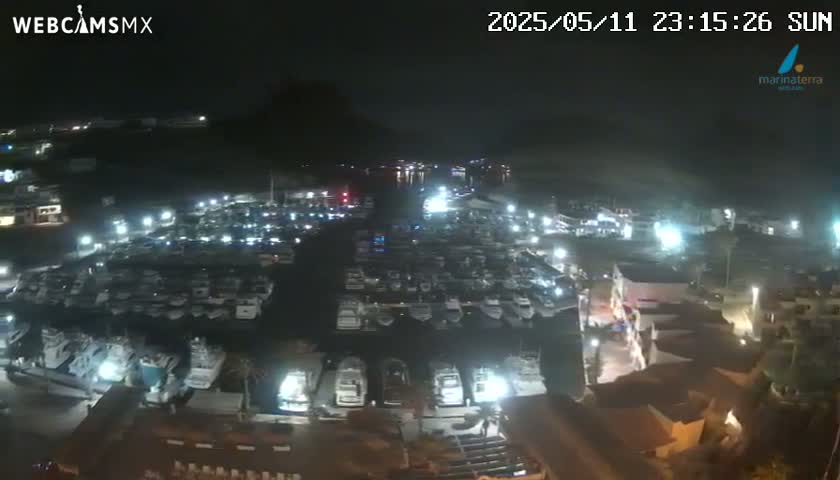 A nighttime aerial view of a marina filled with many boats under clear skies.