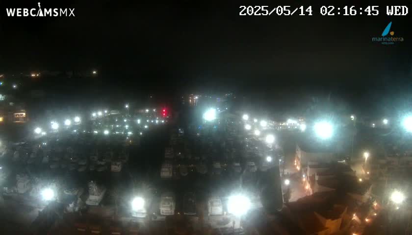 A nighttime, high-angle view of a marina filled with numerous boats illuminated by bright lights.