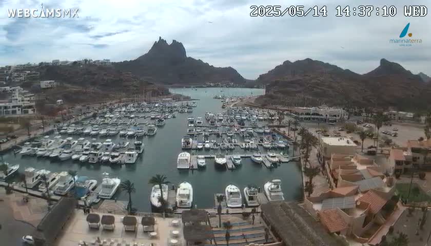 A marina filled with numerous boats is nestled between rocky hills under an overcast sky.