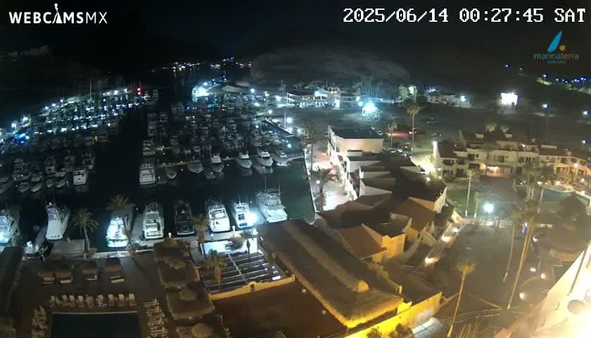 A nighttime aerial view of a marina filled with boats, adjacent to a complex of illuminated buildings.