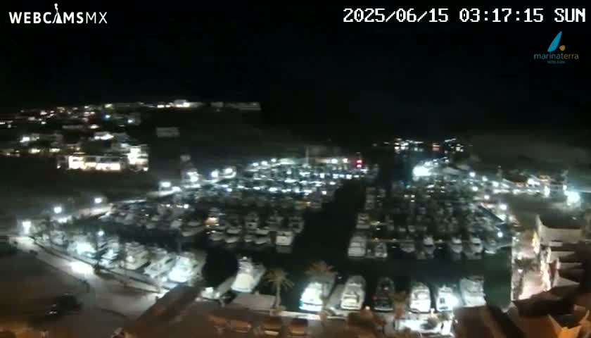 A nighttime aerial view of a marina filled with boats, surrounded by buildings and illuminated by lights.