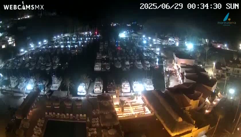 A marina filled with numerous boats is illuminated at night, adjacent to buildings with lights on.