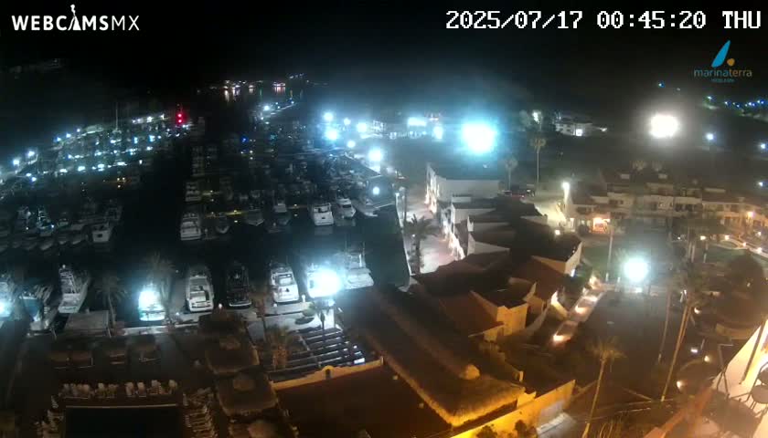 A nighttime aerial view of a marina filled with boats, adjacent to a brightly lit complex of buildings.