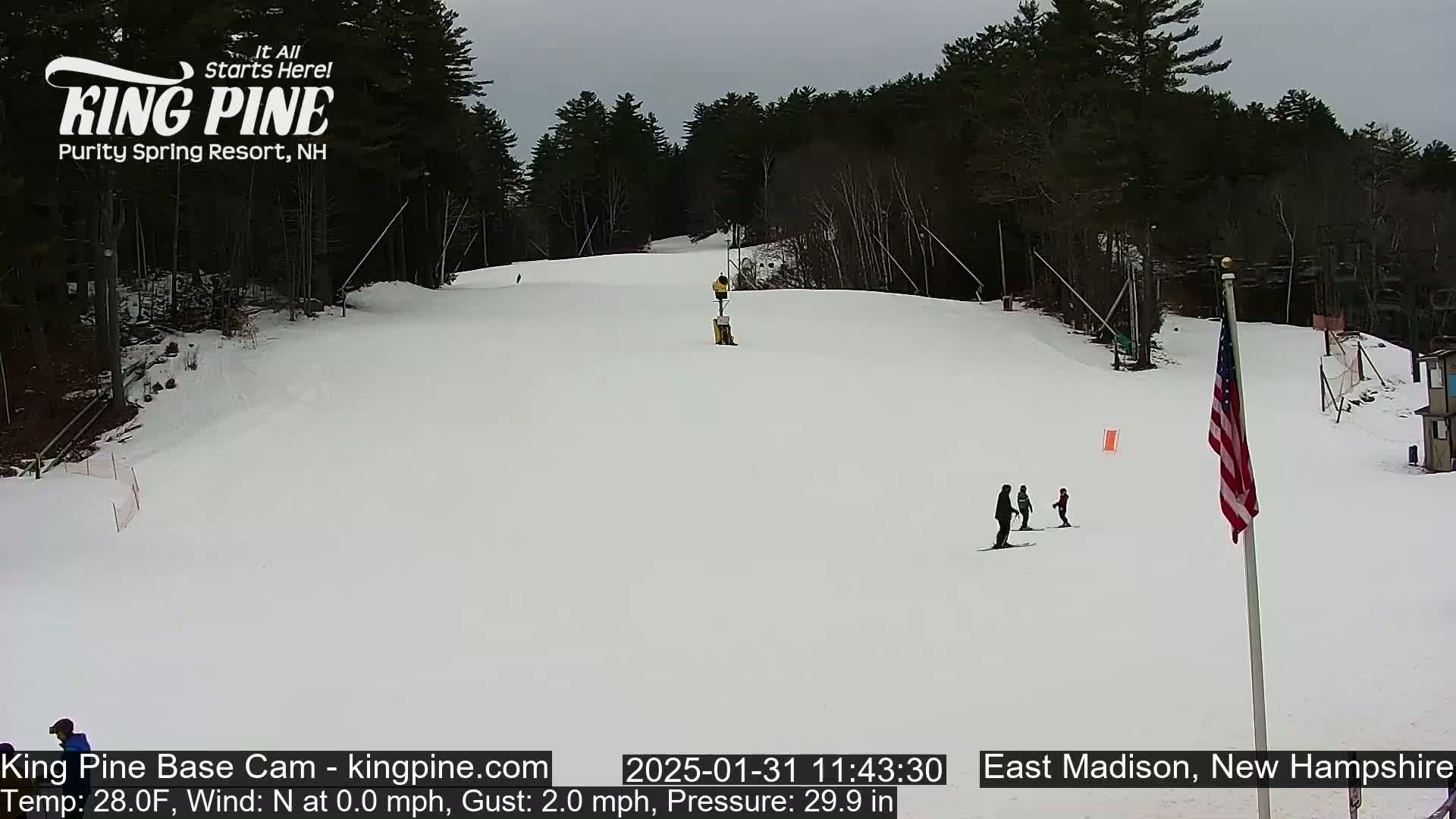 A snowy ski slope with a few skiers and a flag is visible under an overcast sky.