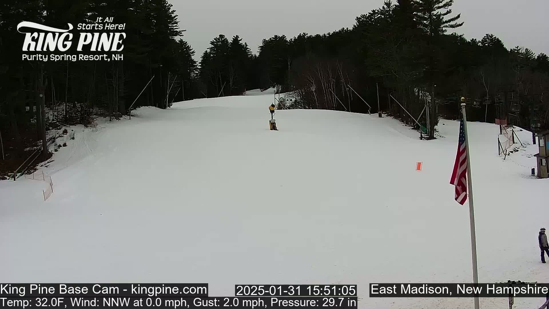 A snow-covered ski slope with a person skiing down, under an overcast sky, surrounded by dark evergreen trees.