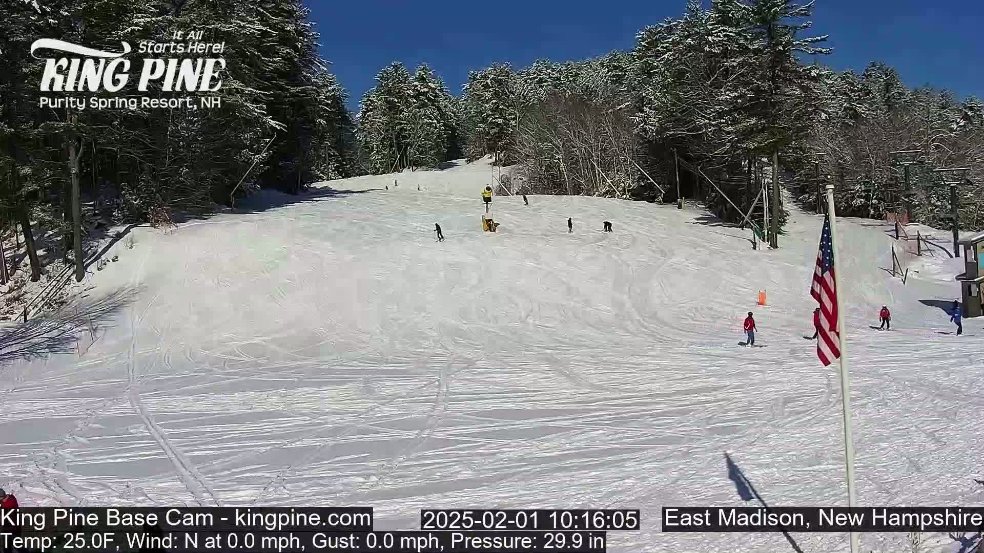 A snow-covered ski slope with several skiers and a US flag on a sunny day.