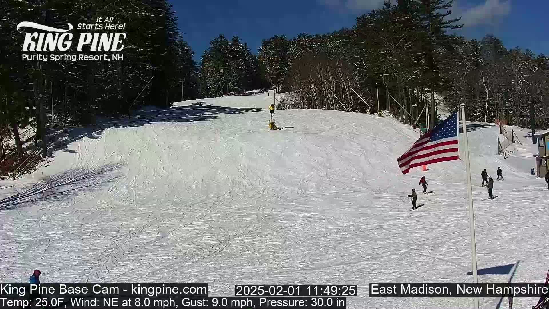 A snow-covered ski slope with several skiers and a waving American flag under a sunny sky.