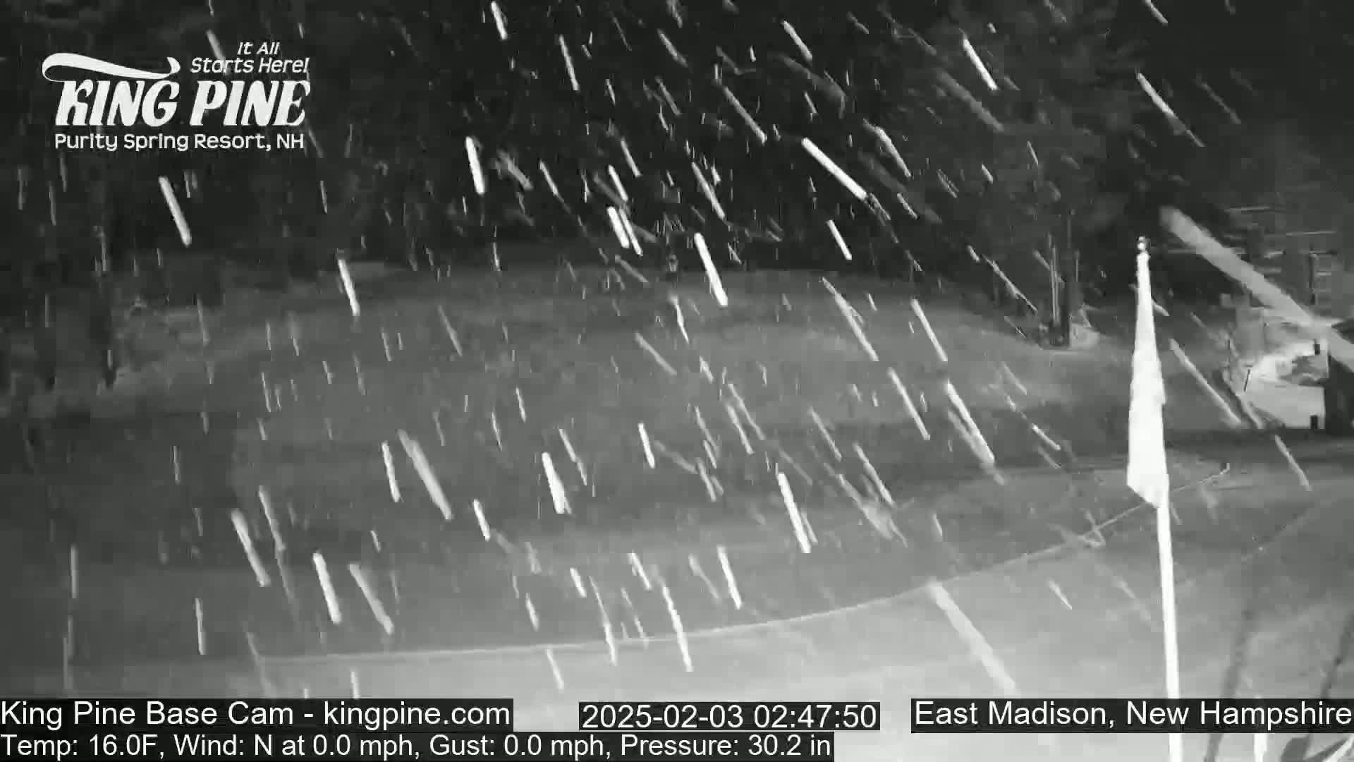 A nighttime scene of snow falling heavily over a grassy area with a flagpole visible in the right corner.