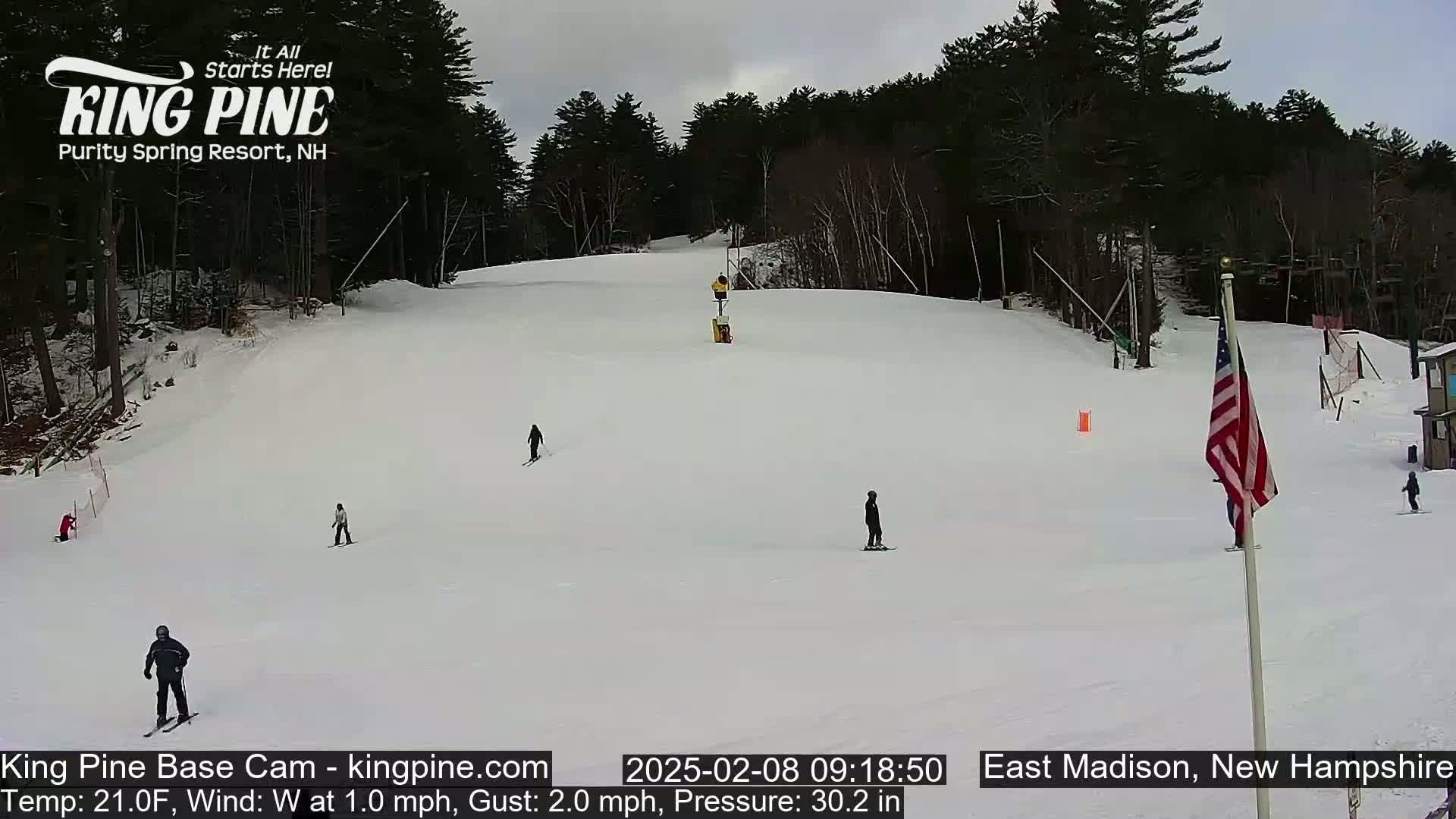 A snow-covered ski slope with several skiers and a partially cloudy sky is visible, with a forest of dark green trees in the background.