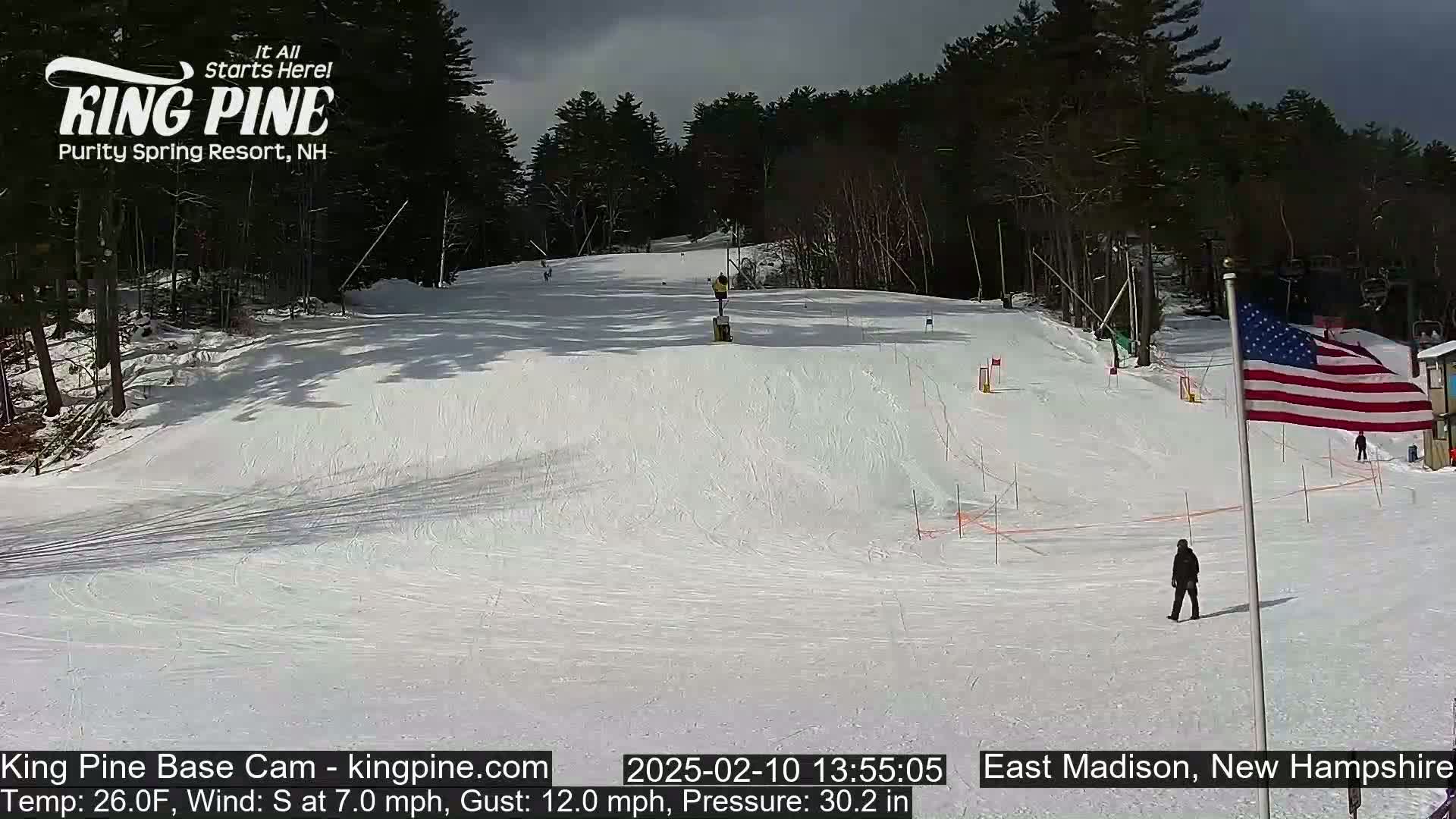 A snow-covered ski slope with a few skiers and a person walking, under a partly cloudy sky, with an American flag waving in the background.