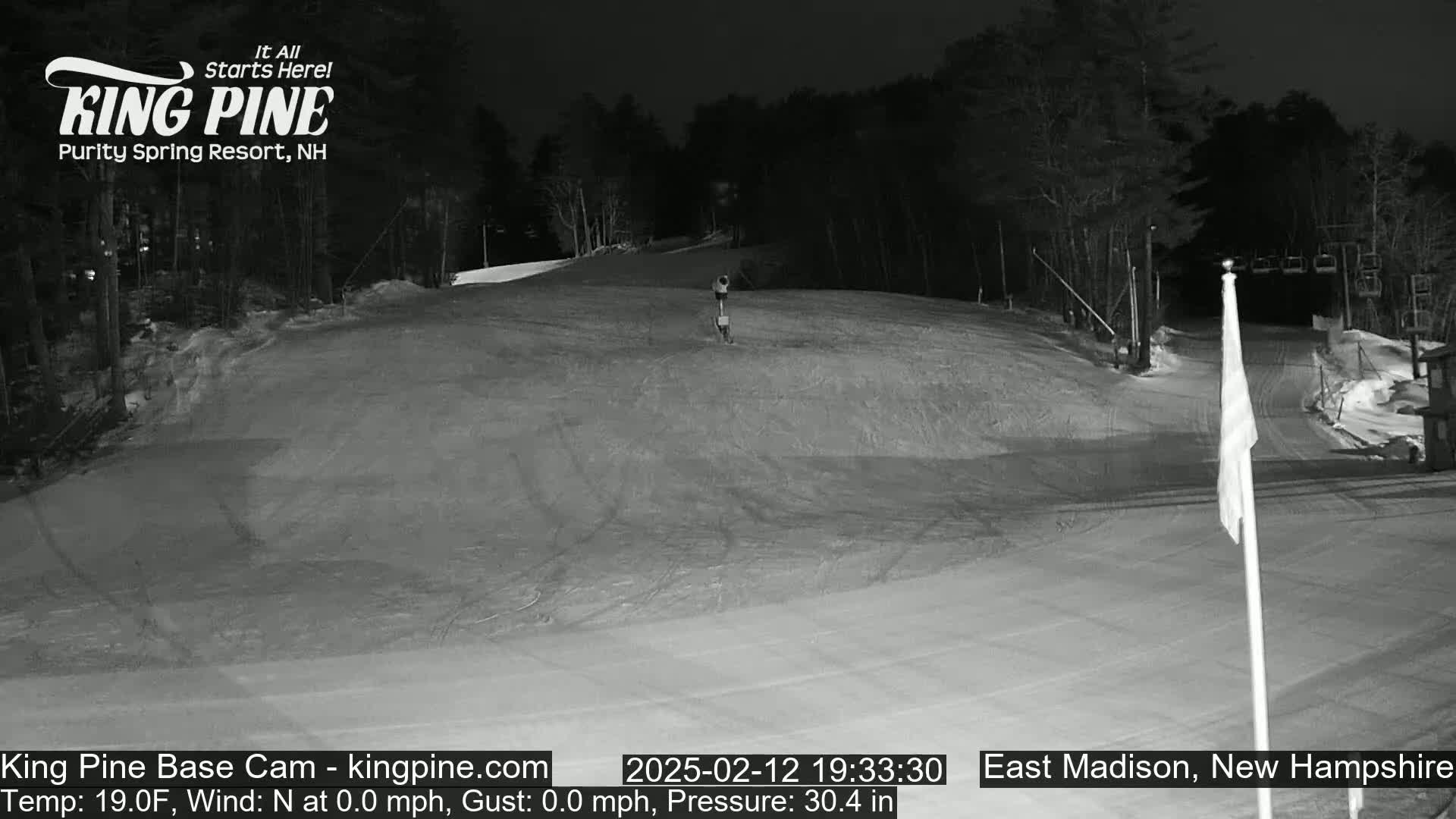 A nighttime view of a snow-covered ski slope at a resort, with trees in the background and a flagpole in the foreground under clear skies.