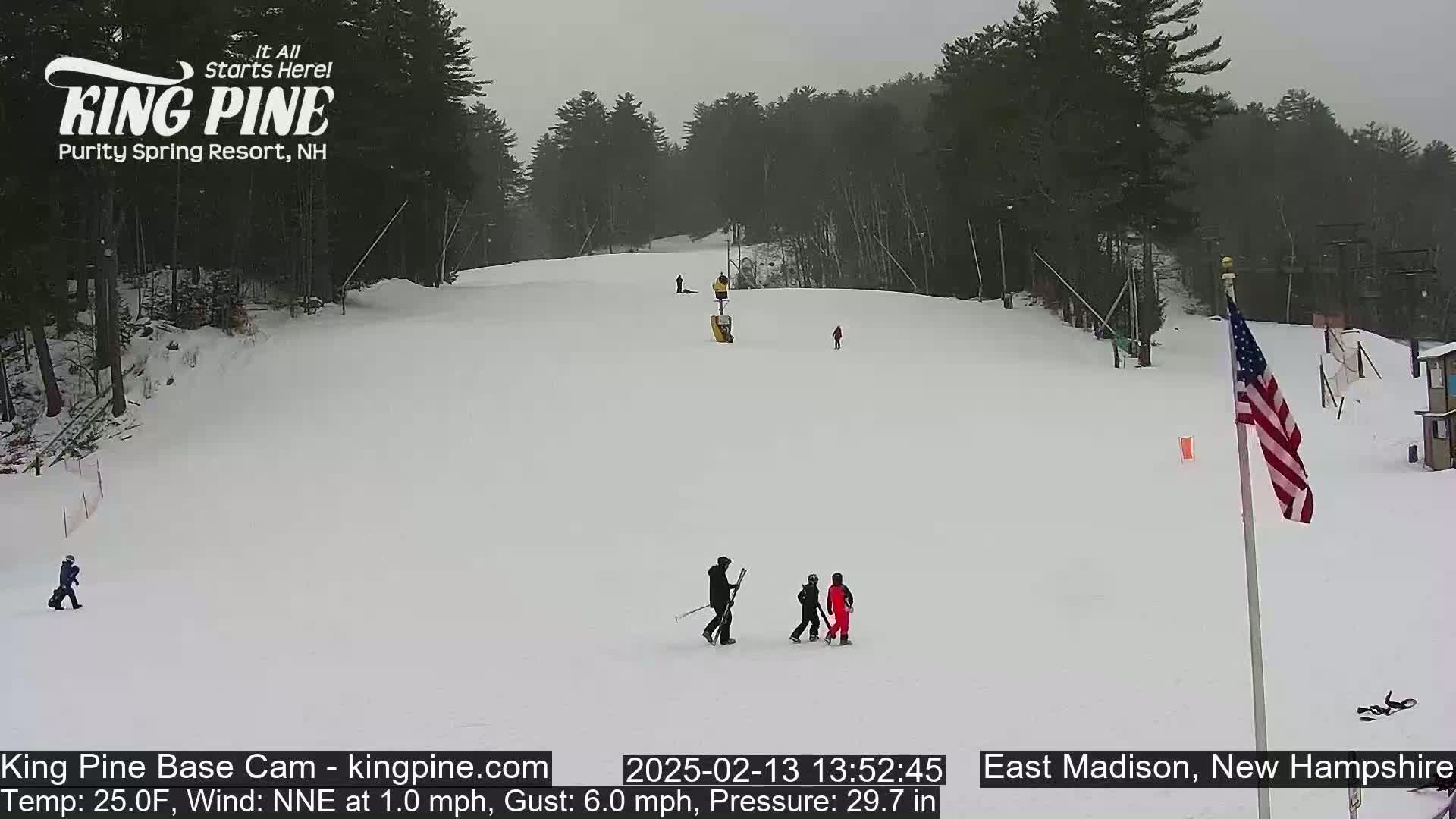 A snowy ski slope with several skiers and snowboarders, under an overcast sky.