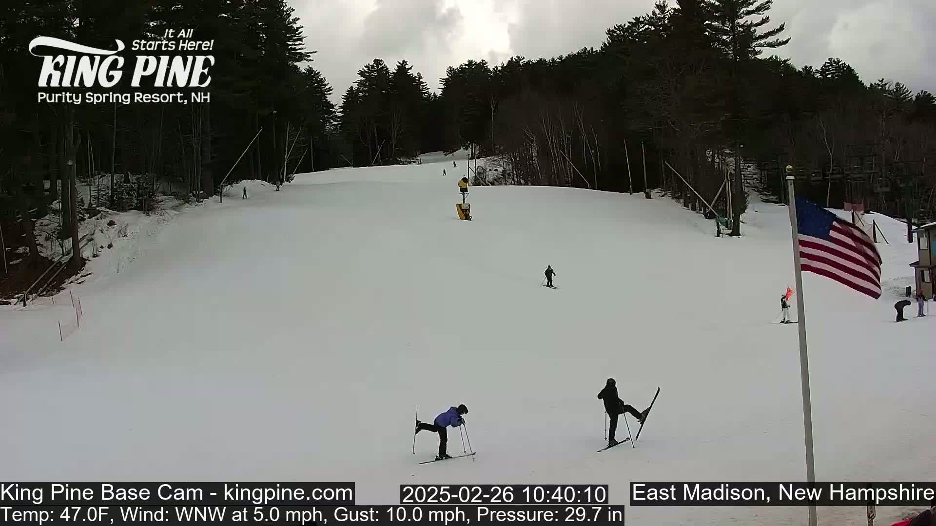 A snowy ski slope with several skiers and snowboarders, under an overcast sky.