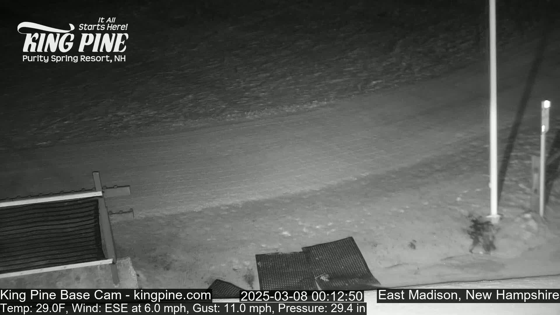 A snow-covered area is shown at night with a 6.0 mph ESE wind and a temperature of 29°F.